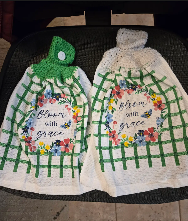 Crocheted Kitchen Handing Towels - Bloom with Grace (white and green)