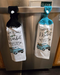 Crocheted Kitchen Handing Towels - Farm to Table Truck (blue and black)
