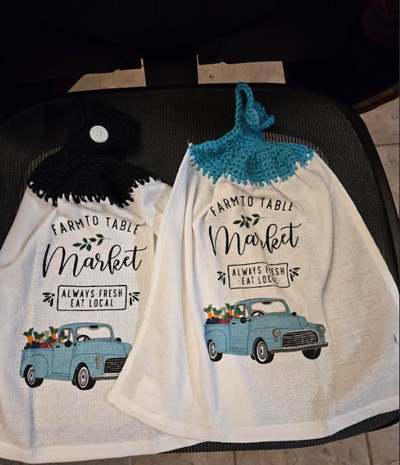 Crocheted Kitchen Handing Towels - Farm to Table Truck (blue and black)