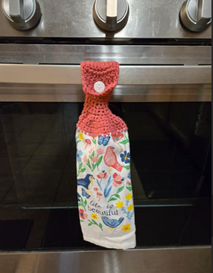 Crocheted Kitchen Handing Towels - Life is Beautiful (pink and yellow)