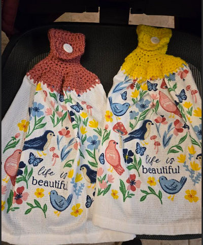 Crocheted Kitchen Handing Towels - Life is Beautiful (pink and yellow)