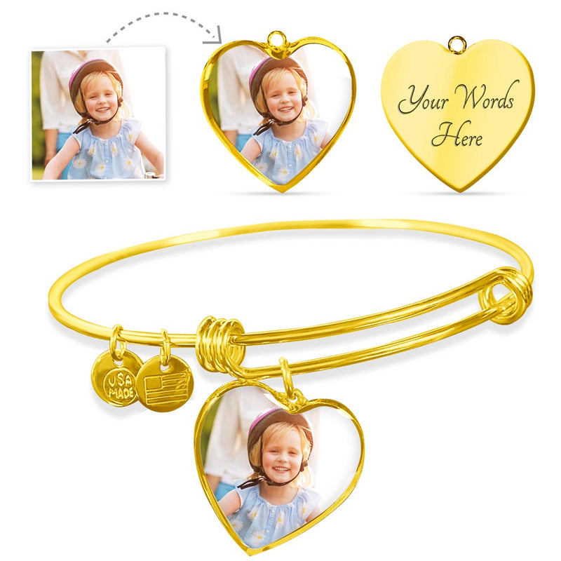 Luxury Heart Bangle with Custom Photo and  Engraving
